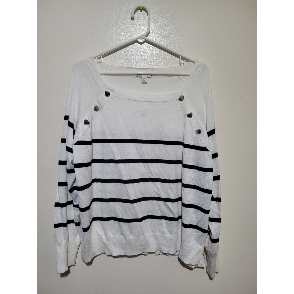 NWT Cato Striped Square Neck‎ Sweater Womens XL White Navy Heart Button Trim